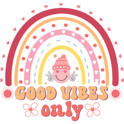 Un gráfico alegre que presenta un arcoíris colorido, un personaje sonriente y la frase inspiradora "Good Vibes Only" (Solo buenas vibraciones).