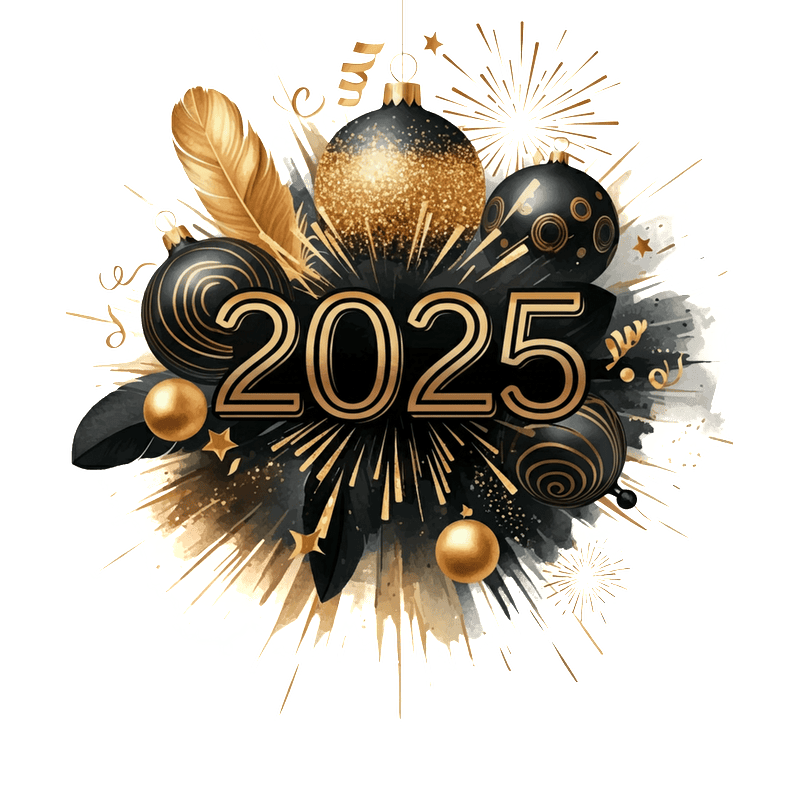 Celebrate the New Year with a festive design featuring gold and black ornaments, fireworks, and the year "2025" in bold letters.DTF Transfers