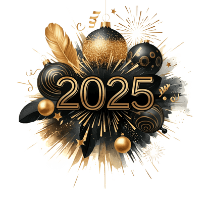 Celebrate the New Year with a festive design featuring gold and black ornaments, fireworks, and the year "2025" in bold letters.DTF Transfers