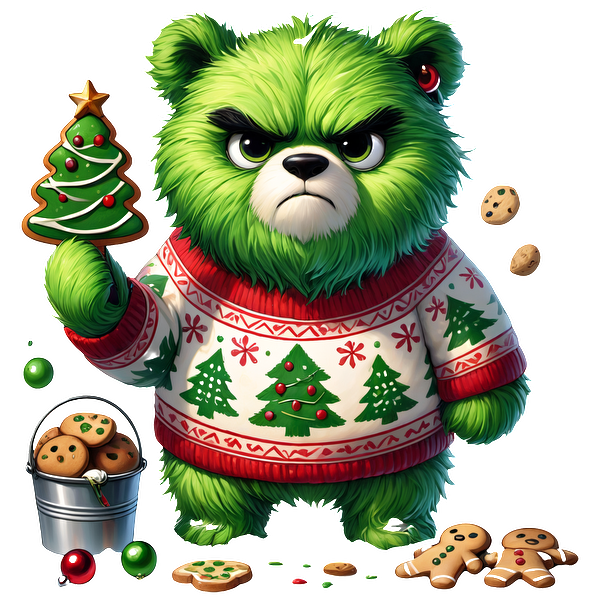 A grumpy green bear in a festive sweater holds a Christmas tree cookie, surrounded by cookies and holiday decorations.DTF Transfers heat press transfers