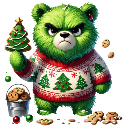 A grumpy green bear in a festive sweater holds a Christmas tree cookie, surrounded by cookies and holiday decorations.DTF Transfers heat press transfers