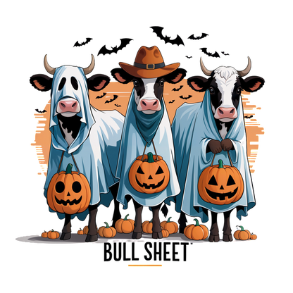 Tres vacas juguetonas vestidas con disfraces fantasmales, sosteniendo calabazas, listas para la diversión de Halloween entre murciélagos y vibraciones otoñales.