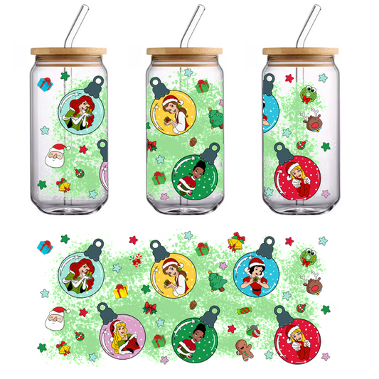 A festive illustration featuring colorful Christmas ornaments with cheerful characters in Santa hats, surrounded by gifts and holiday decorations.UV Transfers dtf prints