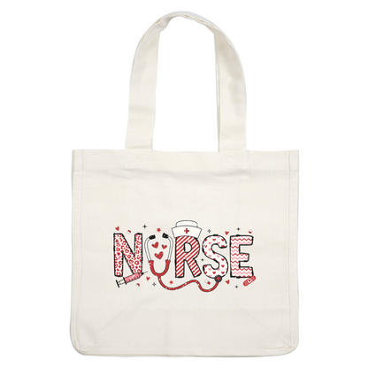 A fun and colorful design spelling "NURSE" with playful patterns, a stethoscope, and various heart motifs, celebrating the nursing profession.DTF Transfers