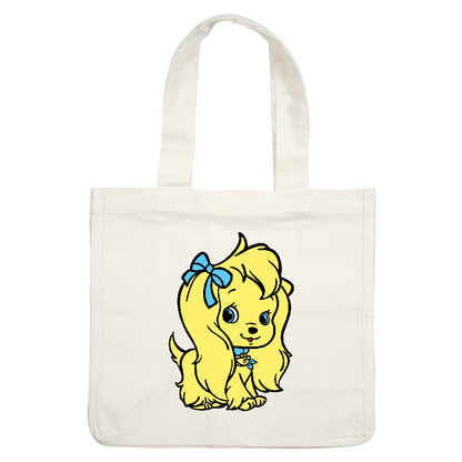 An adorable cartoon puppy with long yellow fur, a blue bow, and a playful expression, perfect for a cheerful vibe!DTF Transfers