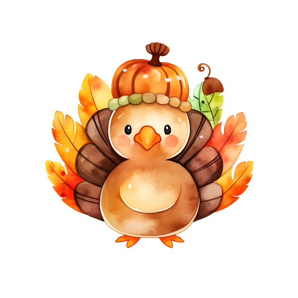 A cute, cartoon turkey adorned with a pumpkin hat, surrounded by colorful autumn leaves for a cheerful autumn vibe. dtf prints