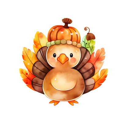 A cute, cartoon turkey adorned with a pumpkin hat, surrounded by colorful autumn leaves for a cheerful autumn vibe. dtf prints