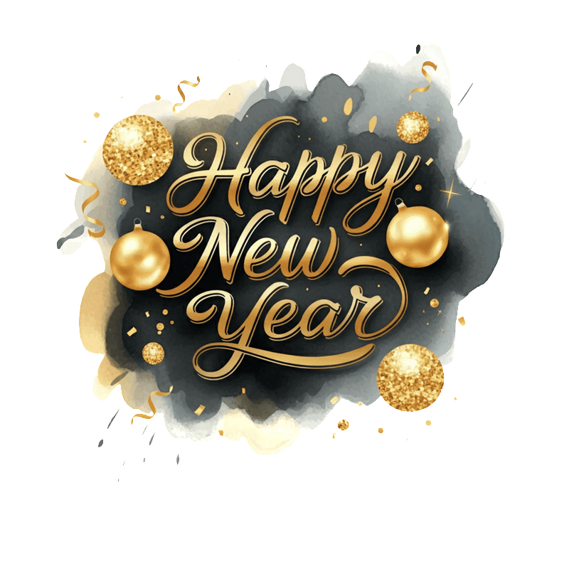 A festive Happy New Year design featuring elegant gold lettering, sparkling ornaments, and a vibrant black and gold watercolor background.DTF Transfers