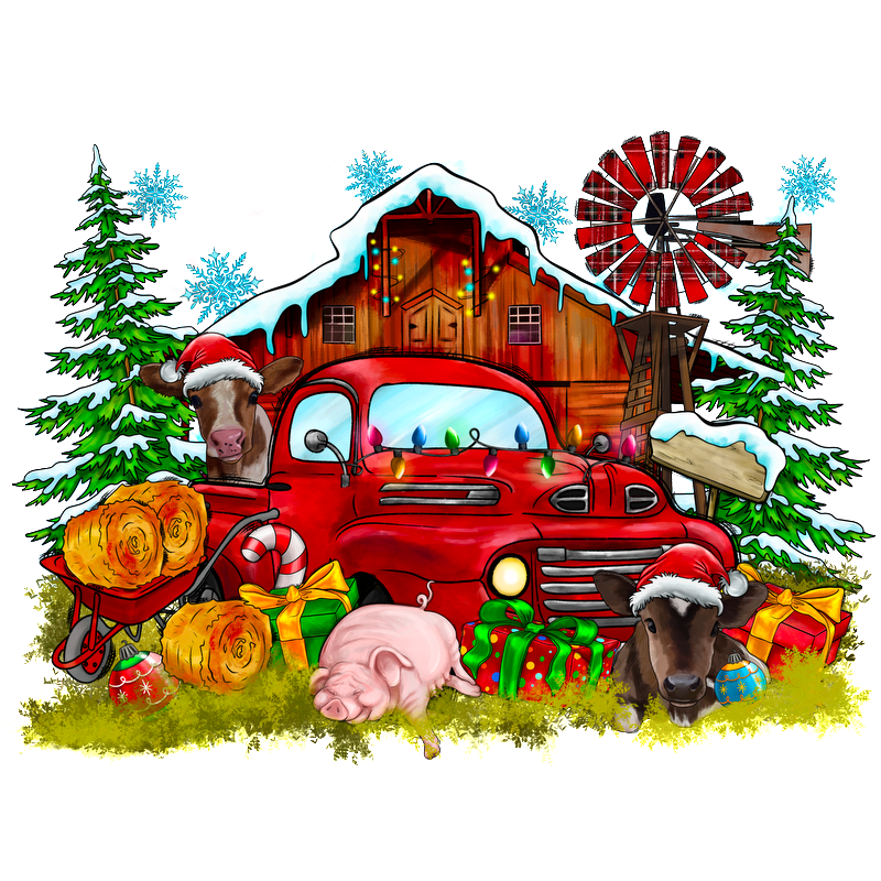 Celebrate the season with this festive farm scene featuring a cheerful red truck, cows in Santa hats, and holiday decorations.DTF Transfers dtf transfers heat press transfers