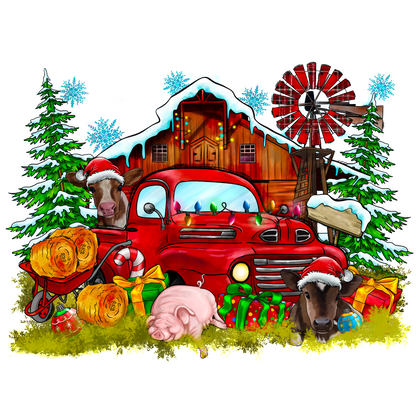 Celebrate the season with this festive farm scene featuring a cheerful red truck, cows in Santa hats, and holiday decorations.DTF Transfers dtf transfers heat press transfers