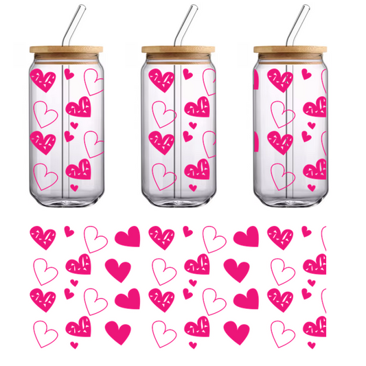 A playful pattern featuring colorful hand-drawn hearts in shades of pink on a contrasting background. Perfect for expressing love!UV Transfersdtf regular iron