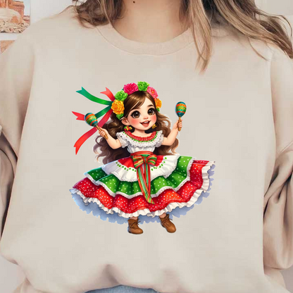 A cheerful girl in a vibrant Mexican dress holds maracas, adorned with a colorful flower crown and festive ribbons.dtf regular iron