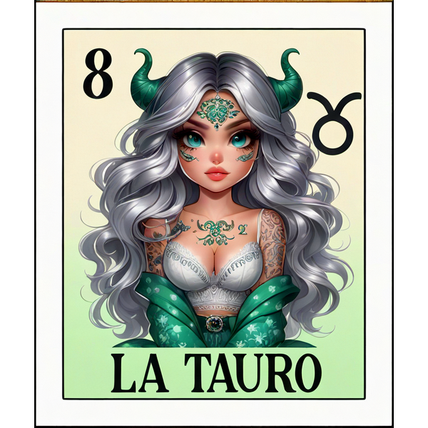 Una ilustración caprichosa de una niña con cabello plateado y detalles con cuernos, que encarna el signo zodiacal Tauro con intrincados tatuajes y accesorios.