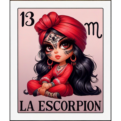 Una ilustración vibrante de una niña con un traje rojo y turbante, que presenta patrones intrincados y el título "La Escorpión".