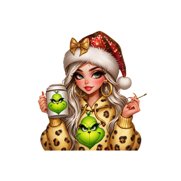 A stylish girl in a festive hat and leopard-print hoodie, holding a Grinch-themed cup with a playful expression.DTF Transfers heat press transfers