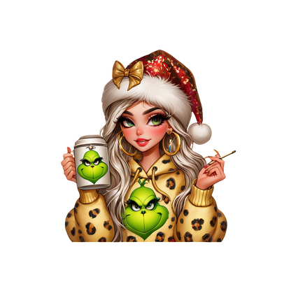 A stylish girl in a festive hat and leopard-print hoodie, holding a Grinch-themed cup with a playful expression.DTF Transfers heat press transfers