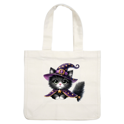 ¡Este adorable gato blanco y negro con un extravagante sombrero de bruja morado y una capa estrellada está listo para la diversión de Halloween!