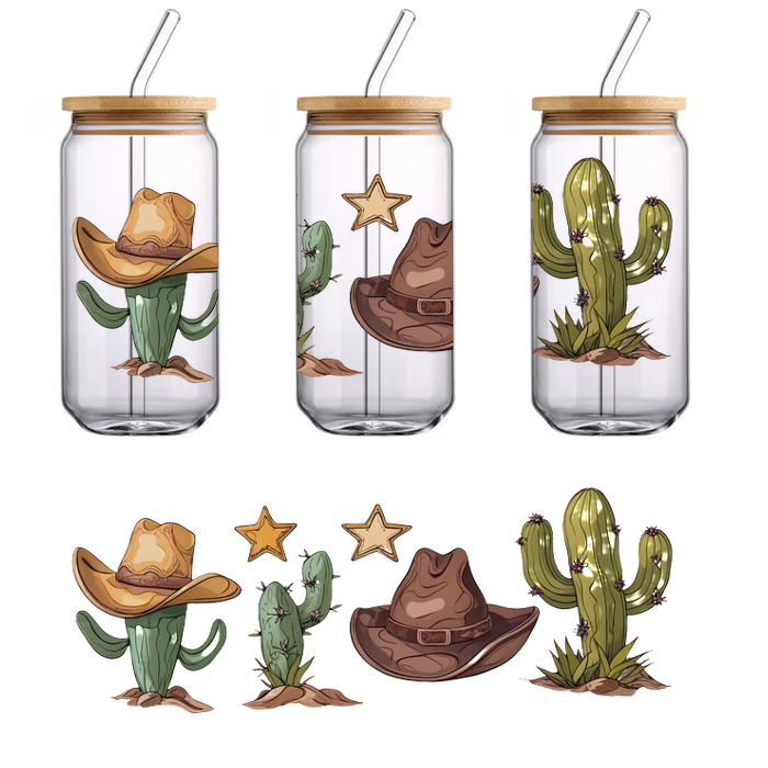 A playful illustration featuring cacti wearing cowboy hats, alongside stars, capturing the fun spirit of the Wild West.UV Transfers heat press transfers