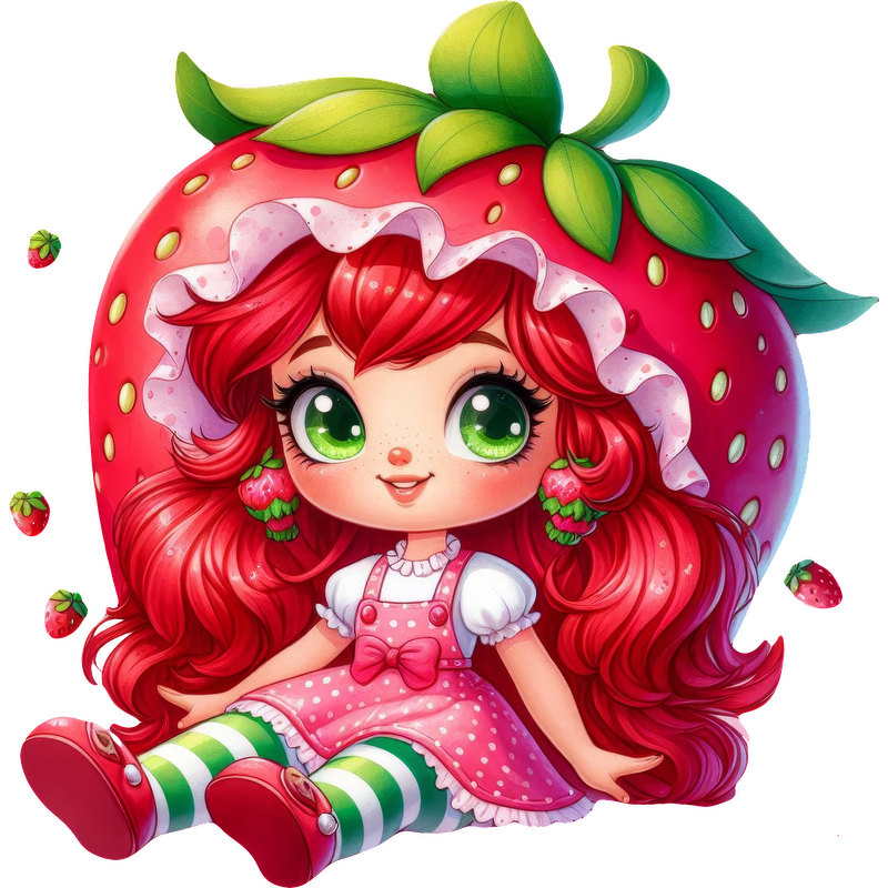 A whimsical character featuring vibrant red hair styled like a strawberry, dressed in a pink polka dot dress and striped leggings.DTF Transfers