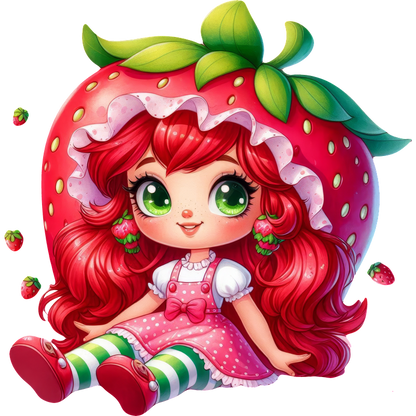 A whimsical character featuring vibrant red hair styled like a strawberry, dressed in a pink polka dot dress and striped leggings.DTF Transfers