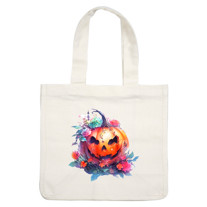 A whimsical Halloween pumpkin, beautifully adorned with colorful flowers and foliage, exuding a spooky yet enchanting charm.dtf regular iron