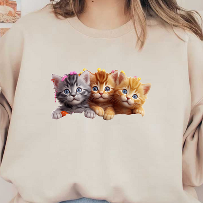 Three adorable kittens with different fur colors, wearing cute hair accessories and displaying charming expressions, perfect for a playful vibe!
