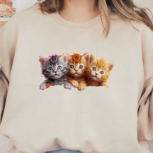 Three adorable kittens with different fur colors, wearing cute hair accessories and displaying charming expressions, perfect for a playful vibe!
