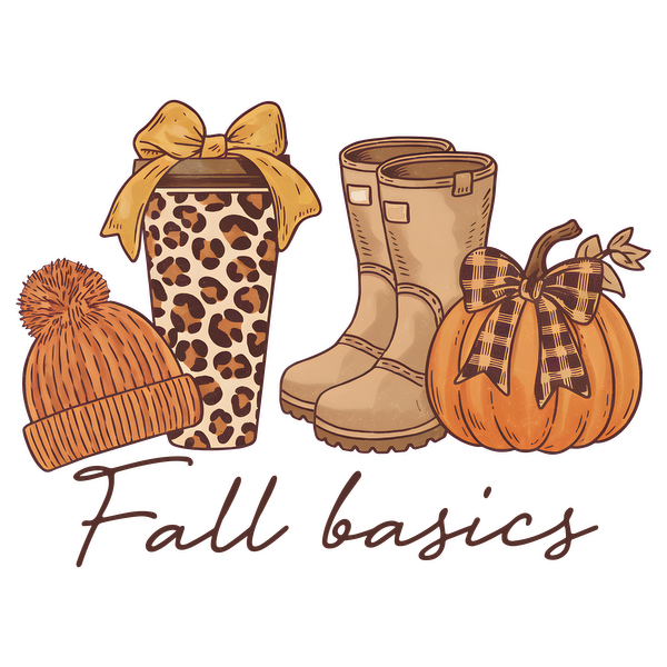 Cozy fall essentials featuring a leopard print coffee cup, warm beanie, stylish boots, and a pumpkin with a bow. heat press transfers