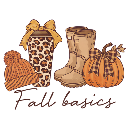 Cozy fall essentials featuring a leopard print coffee cup, warm beanie, stylish boots, and a pumpkin with a bow. heat press transfers