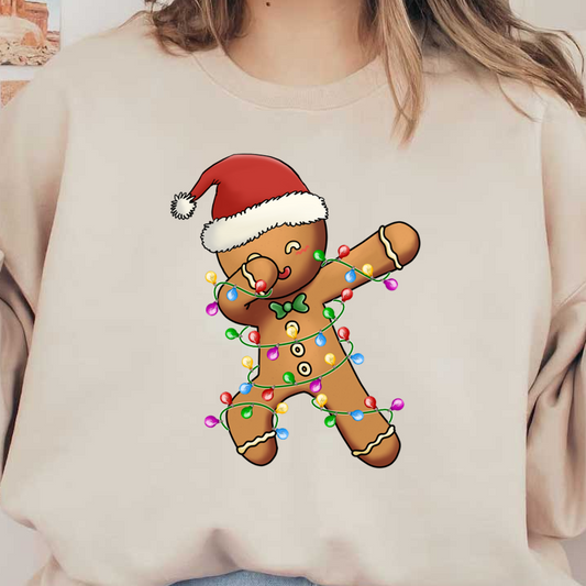 A cheerful gingerbread man in a Santa hat is playfully wrapped in colorful Christmas lights, exuding festive spirit. heat press transfers