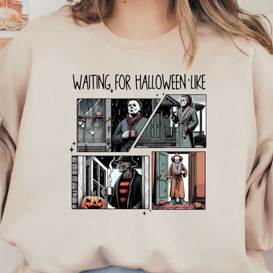 A humorous comic strip featuring iconic horror characters cozily waiting for Halloween, each holding a coffee mug in different spooky settings.dtf regular iron