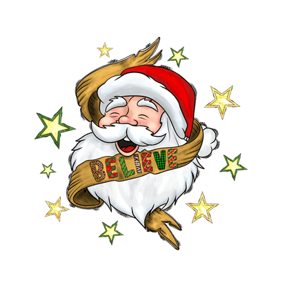 A whimsical Christmas illustration featuring a Santa Claus with a red hat and a "Believe" banner, surrounded by shining stars.DTF Transfers