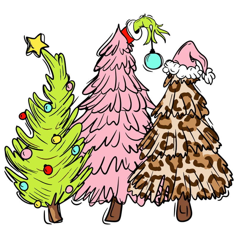 Three whimsical Christmas trees add festive charm, featuring a green tree with ornaments, a pink tree with a Grinch-inspired touch, and a unique leopard-print tree.DTF Transfers