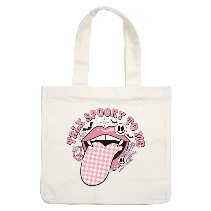 Playful graphic featuring a pink mouth with a checkered tongue, surrounded by smiley skulls and flowers, saying "Talk Spooky To Me." heat press transfers