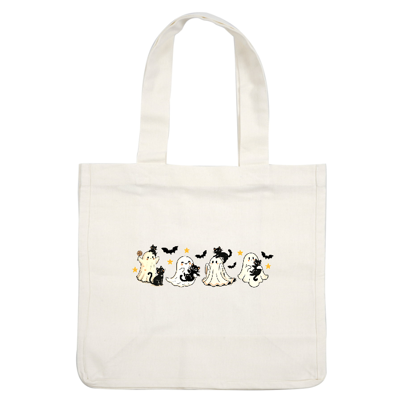 Cute Halloween illustration featuring playful ghosts and adorable black cats.DTF Transfers