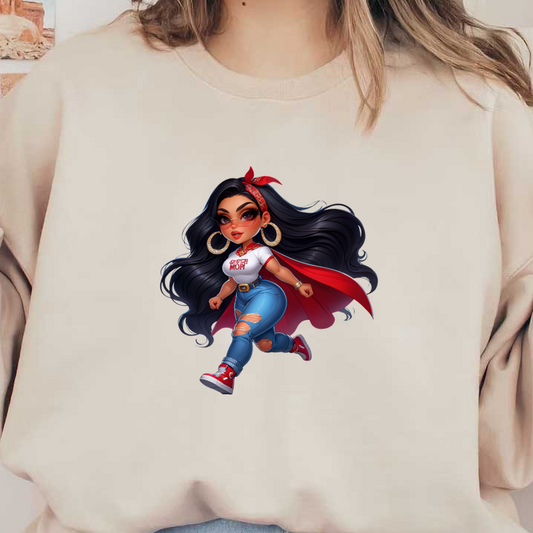 Un elegante personaje de dibujos animados con una camiseta de súper mamá, jeans rotos y una capa roja, que irradia confianza y diversión.