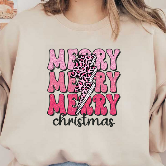 Festive "Merry Christmas" design featuring bold glittery text and a stylish pink leopard print lightning bolt. heat press transfers