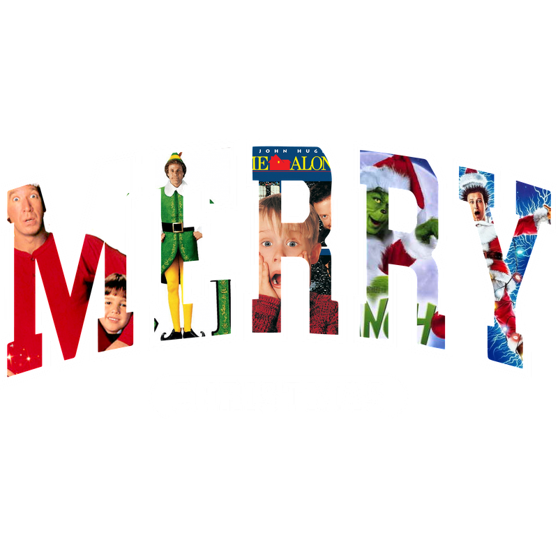 A festive "Merry Christmas" design featuring iconic characters from popular holiday movies, perfect for celebrating the season.DTF Transfersdtf regular iron