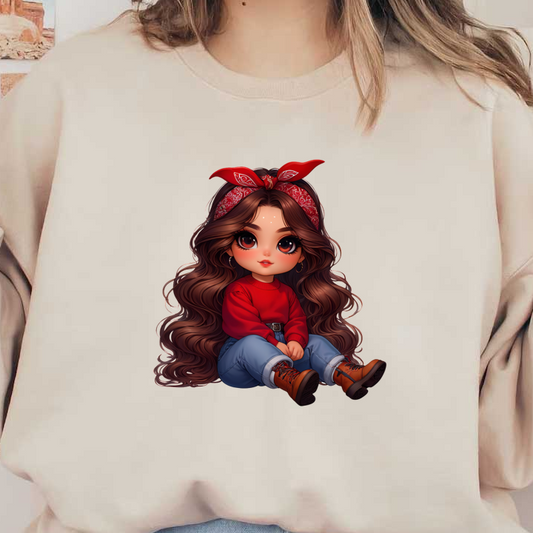 Una linda chica de dibujos animados con cabello largo y ondulado, que viste un suéter rojo, jeans azules y botas marrones, y lleva un pañuelo como accesorio.