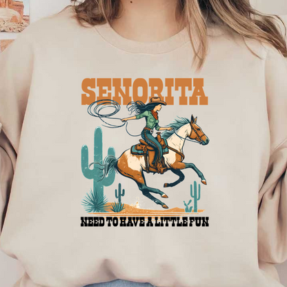 Una entusiasta vaquera monta enérgicamente su caballo, con el lazo en la mano, entre cactus y con la palabra "Señorita" claramente visible.