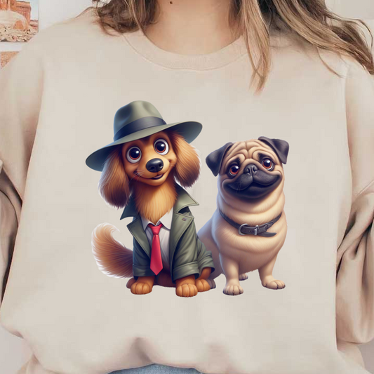 Una encantadora caricatura de un perro detective con sombrero y abrigo, junto a un amigable pug, ambos con expresiones encantadoras.