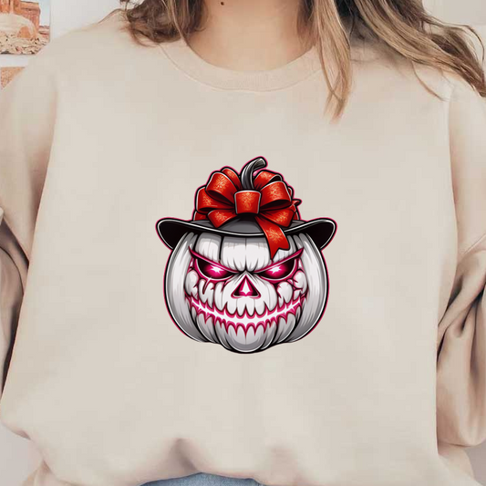 Una calabaza espeluznante con una sonrisa siniestra, adornada con un elegante sombrero negro y un lazo rojo vibrante.