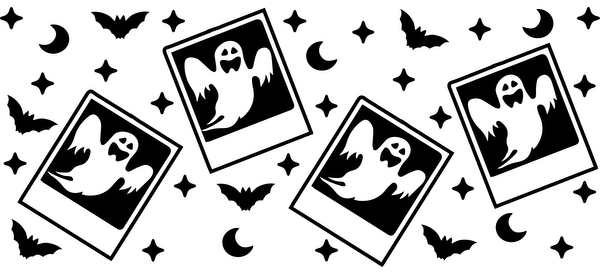 A playful design featuring white cartoon ghosts in various poses against a black background, perfect for Halloween themes.UV Transfersdtf regular iron