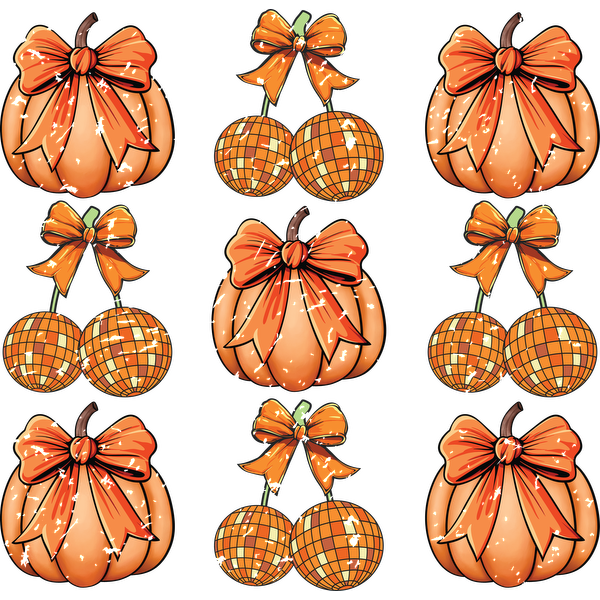 A festive arrangement of orange pumpkins and round ornaments adorned with bows, perfect for autumn decor! heat press transfers