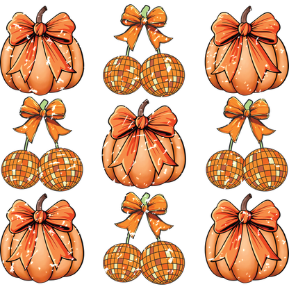 A festive arrangement of orange pumpkins and round ornaments adorned with bows, perfect for autumn decor! heat press transfers