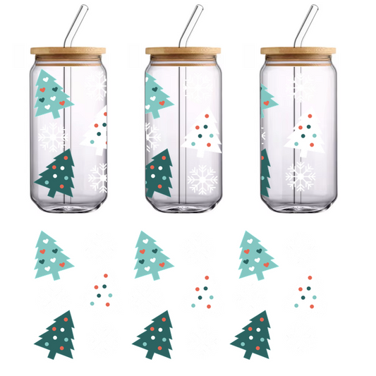 A festive pattern featuring colorful Christmas trees with hearts and polka dots, surrounded by snowflakes for a cheerful holiday vibe.UV Transfers dtf transfers