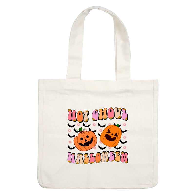 Celebrate Halloween with this playful "Hot Ghoul Halloween" design featuring two cheerful jack-o'-lanterns and colorful, fun lettering! dtf transfers