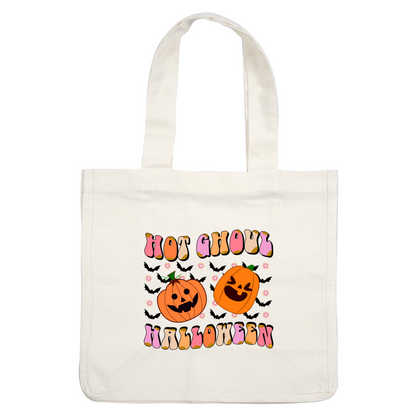 Celebrate Halloween with this playful "Hot Ghoul Halloween" design featuring two cheerful jack-o'-lanterns and colorful, fun lettering! dtf transfers