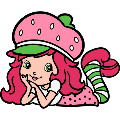 Meet a playful character with vibrant pink hair, a strawberry-themed hat, and cute polka-dotted attire, exuding charm and fun!DTF Transfers