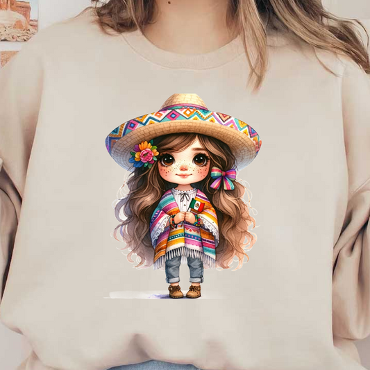 A charming girl in a colorful poncho and wide-brimmed hat, proudly holding a small Mexican flag. dtf prints